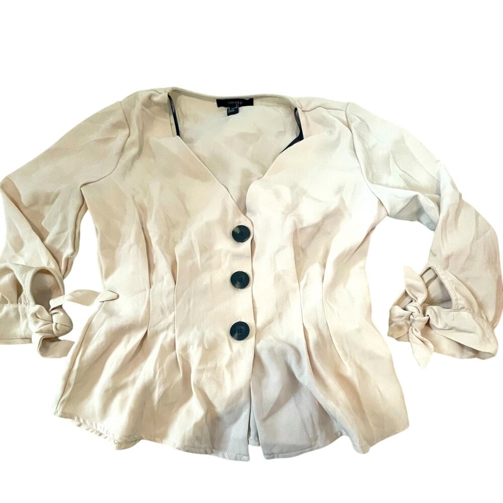 Forever 21 Womens Beige V Neck Button Front Blouse Top Tie Sleeve‎ Shirt S - Picture 2 of 5